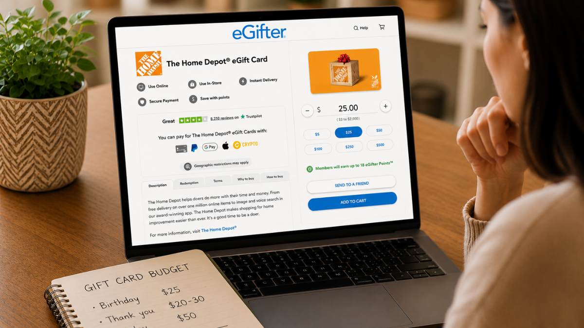 how much to spend on gift cards home depot Person comparing gift card options and planning a gift budget on a laptop, illustrating the process of choosing an appropriate gift card amount for different occasions.