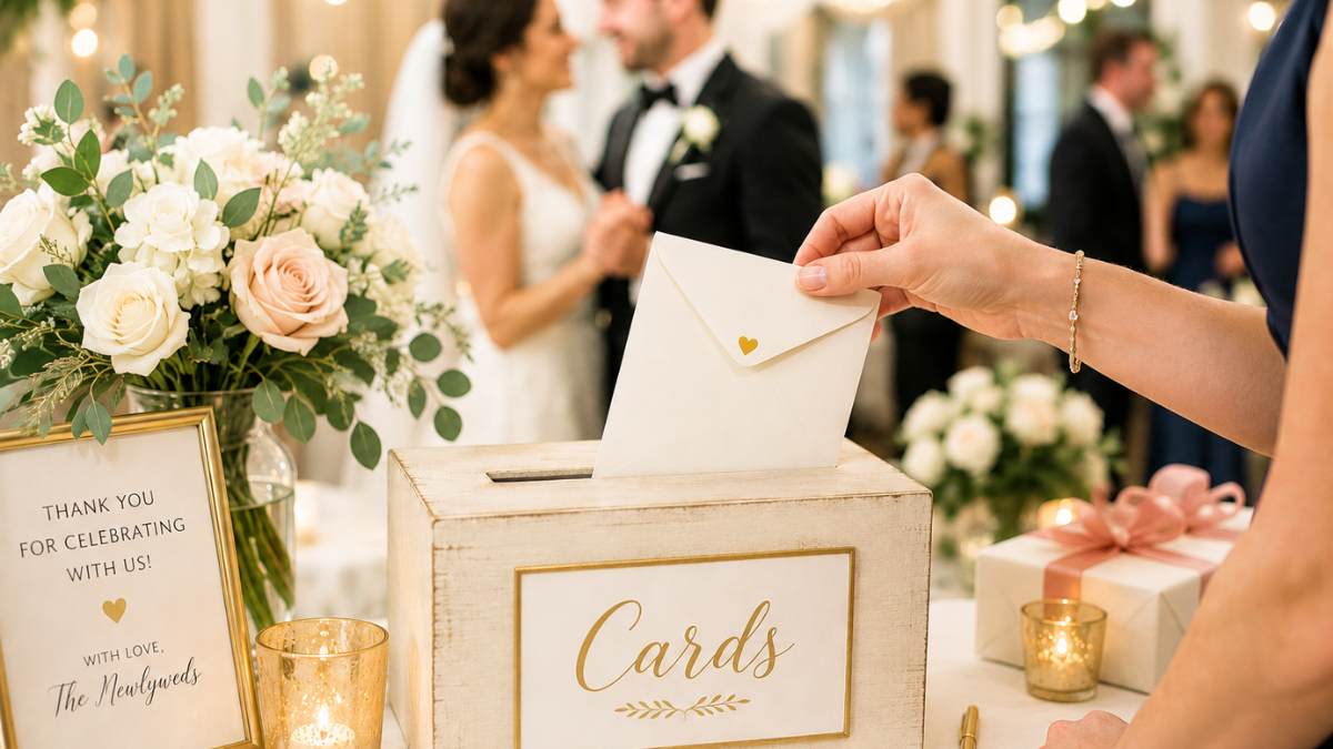 how much to spend on gift cards wedding Guest placing a wedding card into a card box at a wedding reception, illustrating a thoughtful gift card gift for newlyweds.