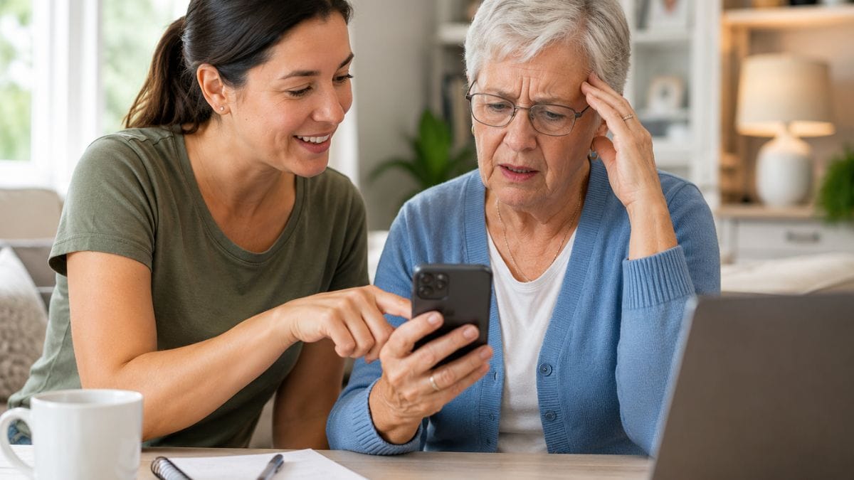 An older adult looks frustrated while searching for a lost digital gift card on a smartphone as a younger family member smiles and helps navigate the phone.