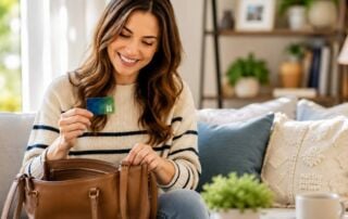Woman searching through her handbag while holding a gift card in her living room.