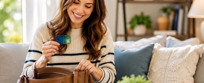 Woman searching through her handbag while holding a gift card in her living room.