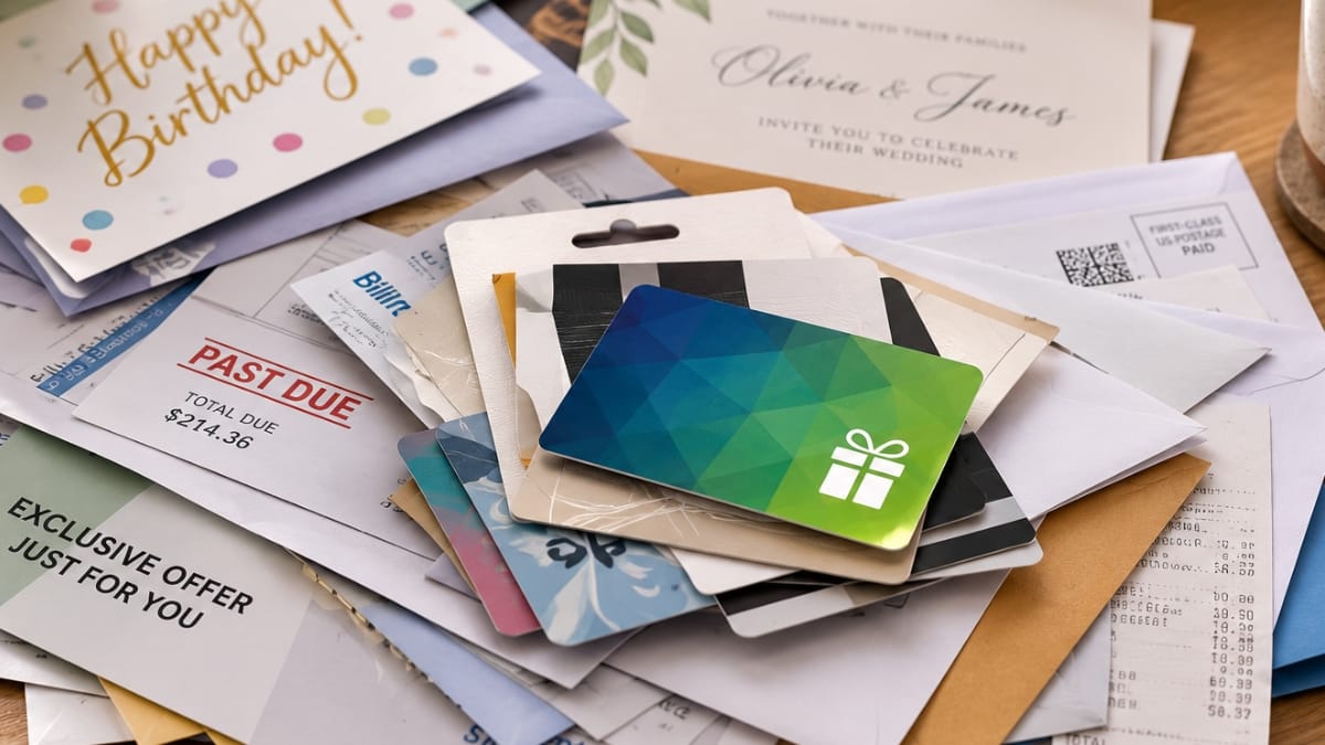 Pile of gift cards, greeting cards, bills, invitations, and mail scattered across a desk.