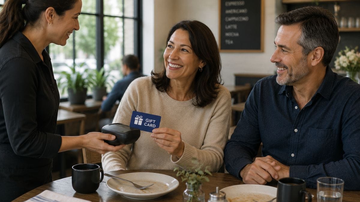 Two middle-aged friends smile across a restaurant table as a server presents a handheld payment terminal and the woman pays for the meal with a gift card, illustrating the satisfaction of using a planned gift card.