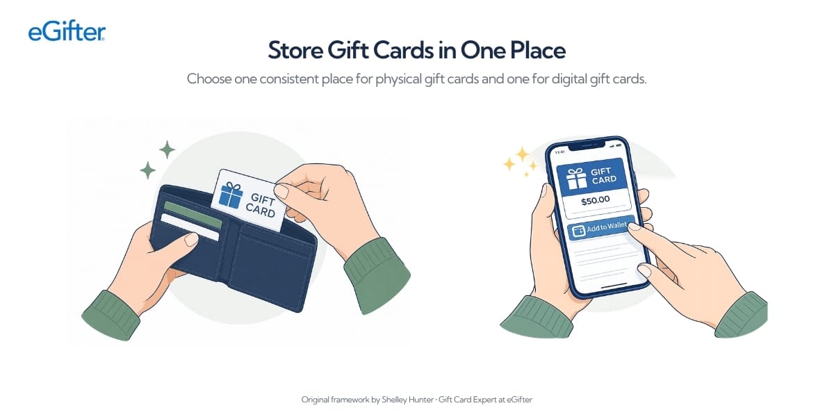 Hands place a physical gift card into a wallet while another hand saves a digital gift card to a smartphone wallet, illustrating a consistent place to store both physical and digital gift cards.