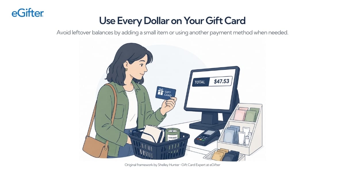 A shopper at a checkout holds a gift card while adding a small item to the purchase, illustrating how to use the full balance instead of leaving money on the card.