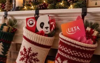 Panda Express and Ulta Beauty gift cards tucked into Christmas stockings