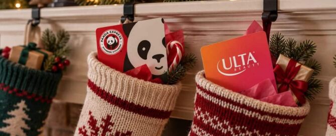 Panda Express and Ulta Beauty gift cards tucked into Christmas stockings
