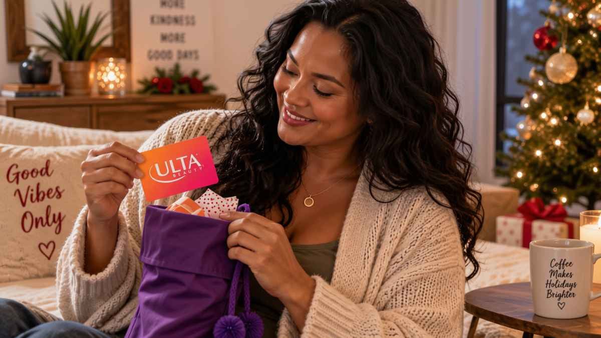 Woman opening a Dunkin’ gift card from a Christmas stocking