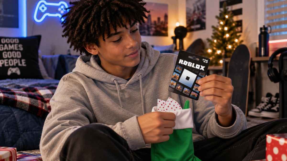 young man looking at christmas stocking and he has a roblox gift card