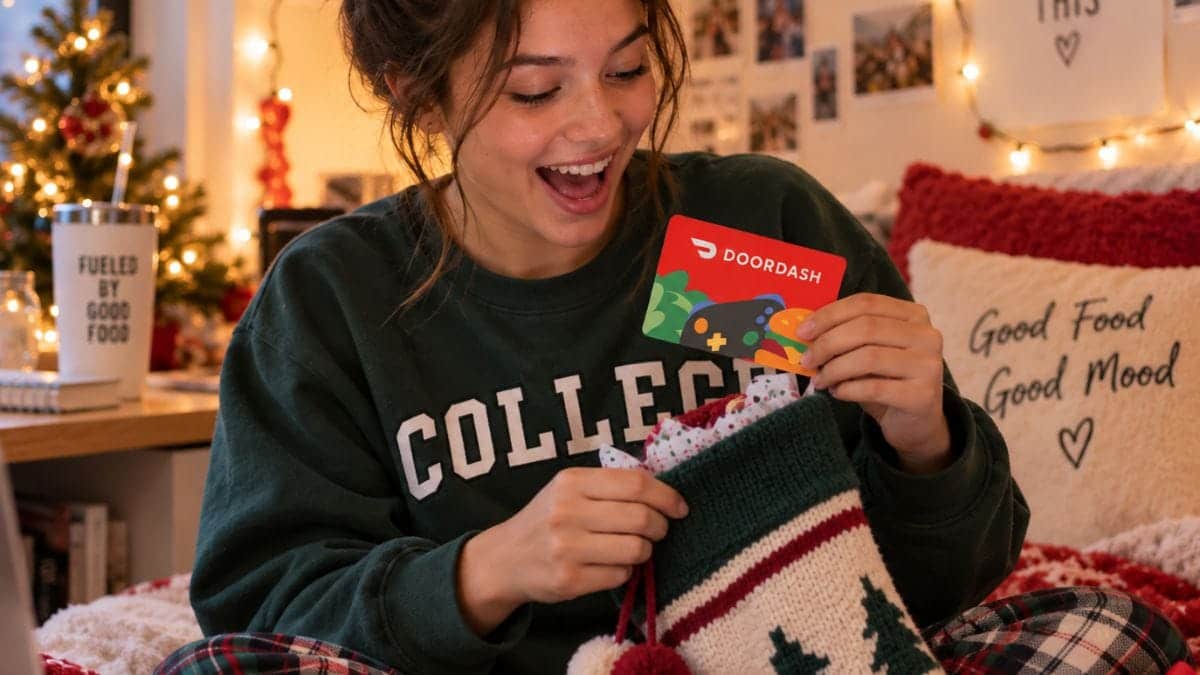 Young woman opening a DoorDash gift card from a Christmas stocking