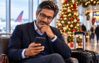 Man browsing his phone at an airport during the holidays, looking for gift ideas while traveling.