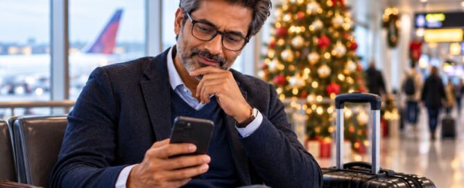 Man browsing his phone at an airport during the holidays, looking for gift ideas while traveling.