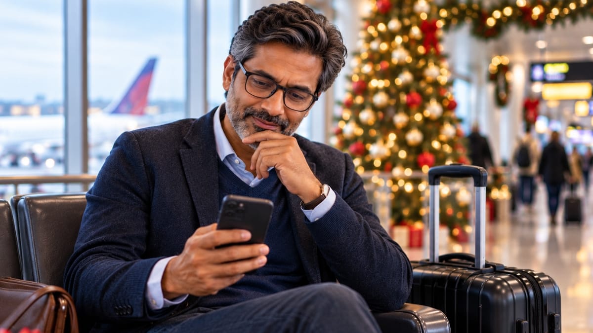 Man browsing his phone at an airport during the holidays, looking for gift ideas while traveling.