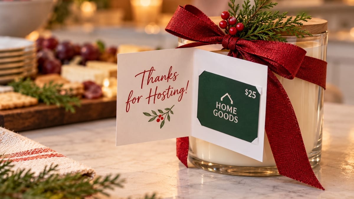$25 HomeGoods gift card tucked into a thank-you greeting card beside a holiday candle wrapped with a red ribbon.