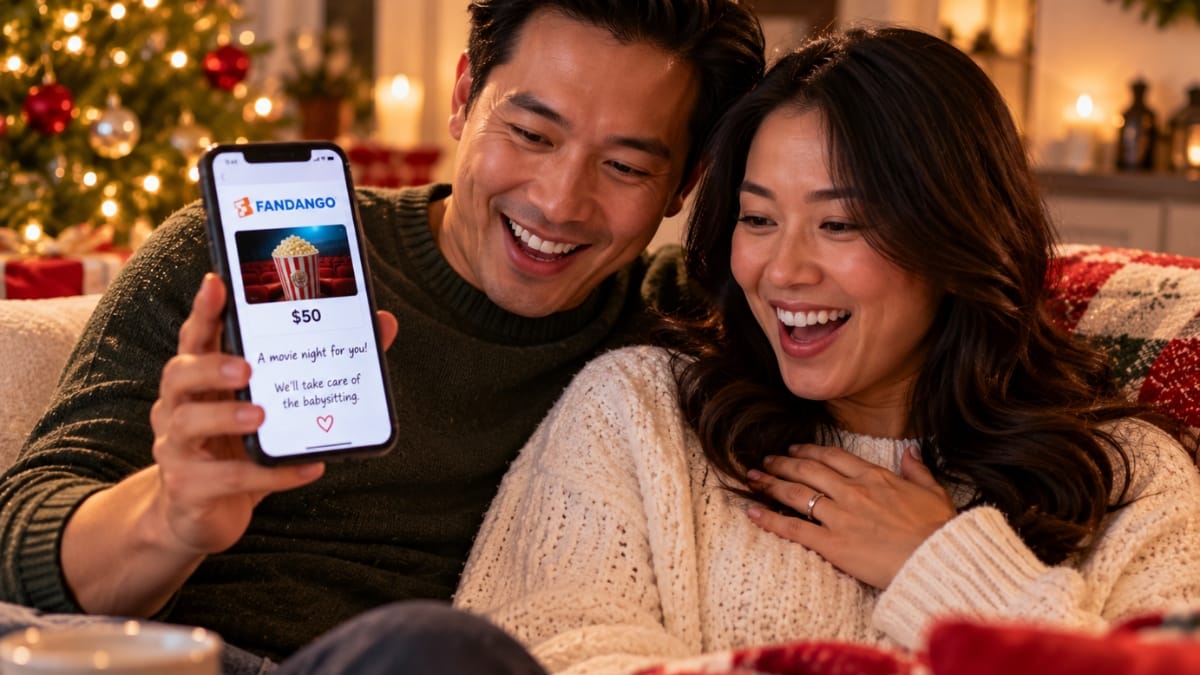Happy couple viewing a $50 Fandango digital gift card on a smartphone beside a Christmas tree.