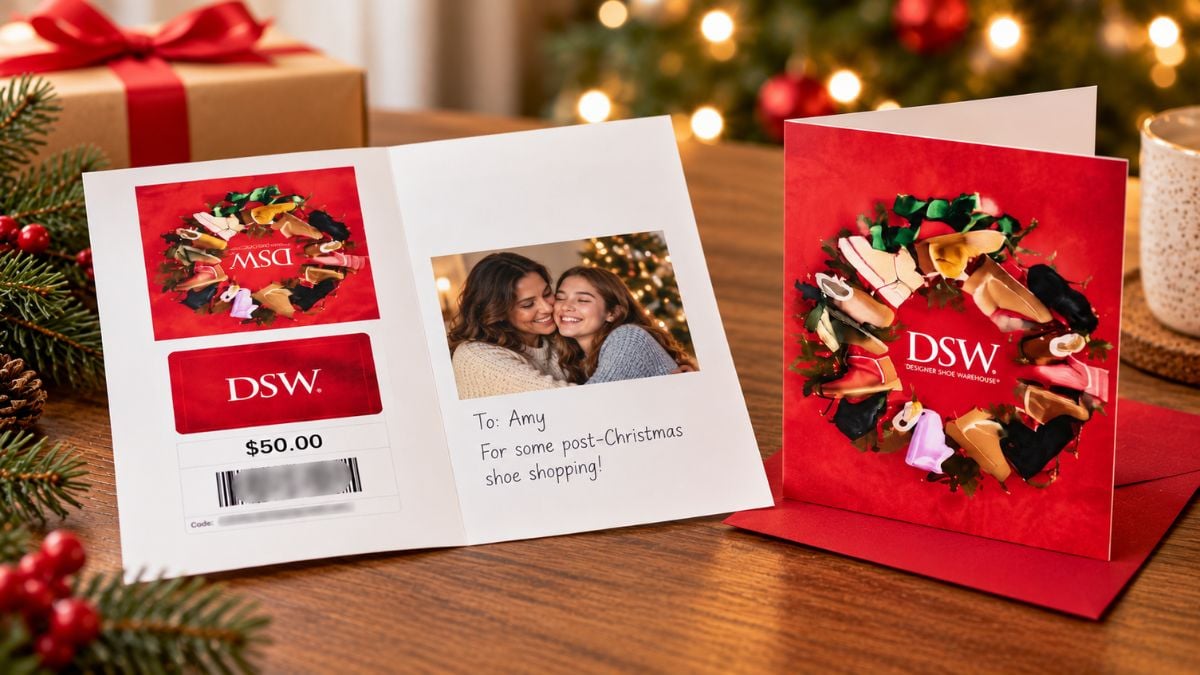 Printable gift card from DSW. The gift card before it's folded shows the front cover, gift card, photo of a mother daughter and a note that reads "for some post-Christmas shoe shopping."