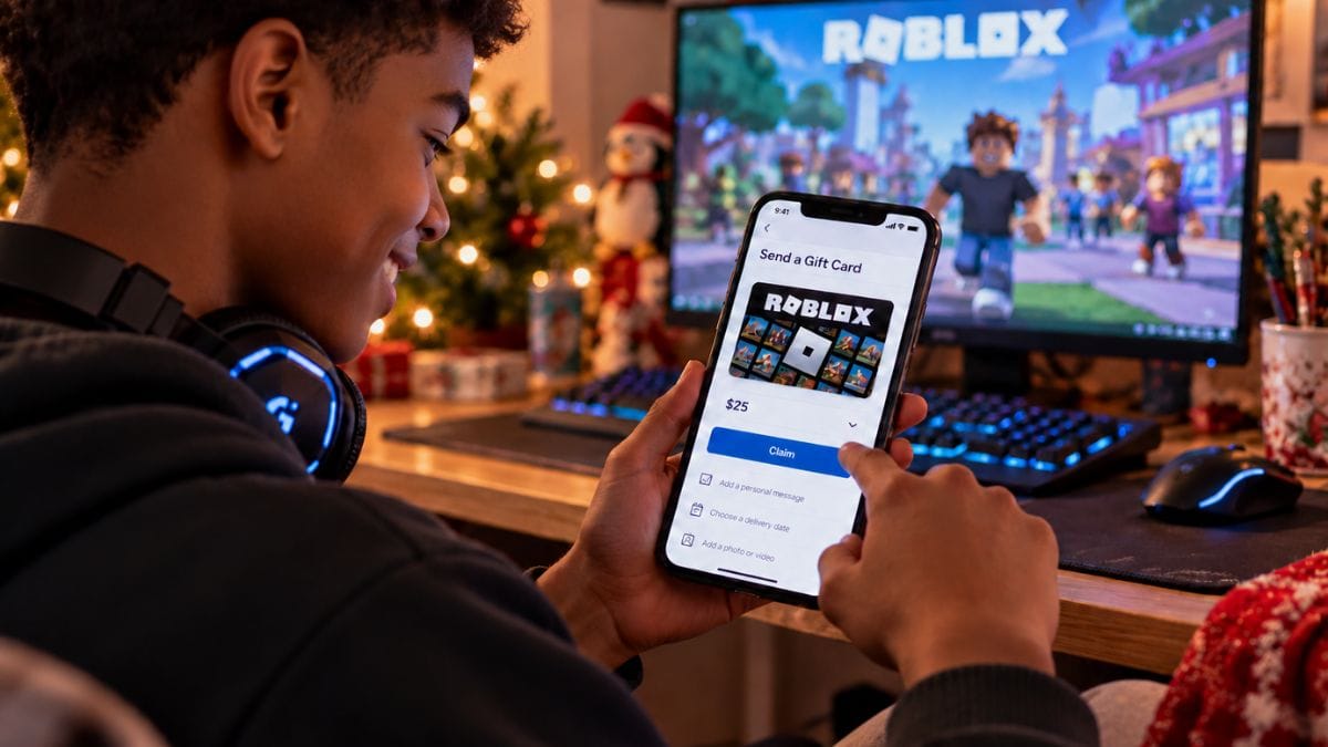 Teen gamer viewing a $25 Roblox digital gift card on a smartphone in front of a gaming computer decorated for Christmas.