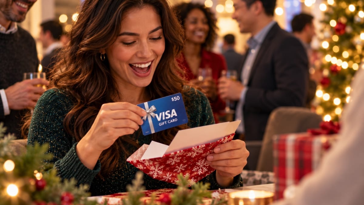 Smiling woman opening a holiday greeting card containing a $50 Visa gift card at a Christmas party.